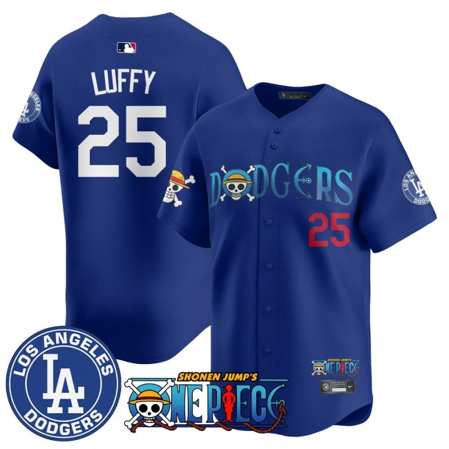 LA Dodgers x ONE PIECE 25th Luffy Nike 2025 MLB Limited Stitched Jersey Royal