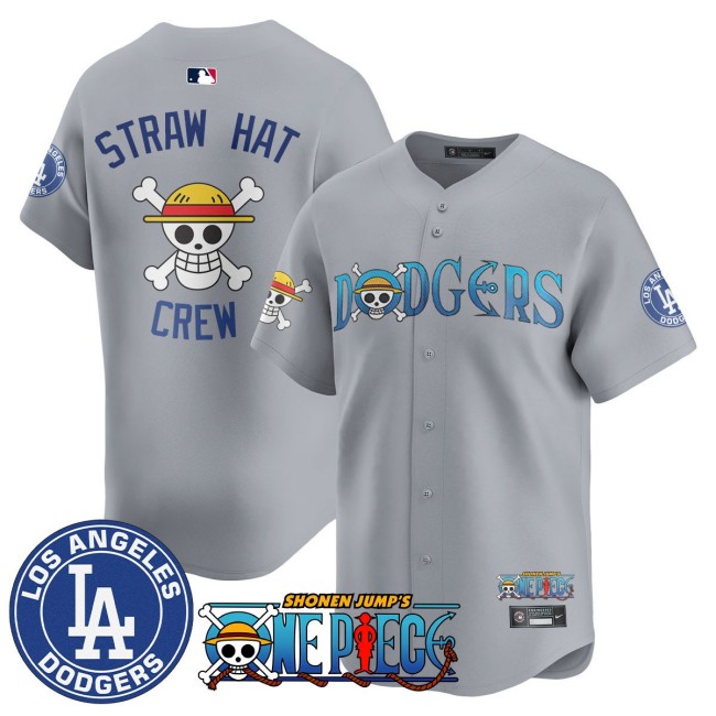 LA Dodgers x ONE PIECE Straw Hat Nike 2025 MLB Limited Stitched Jersey Grey