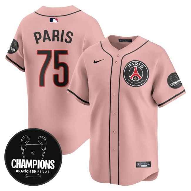 Men's PSG #75 Paris Pink Nike 2025 Soccer x MLB Limited Baseball Jersey Champions - All Stitched