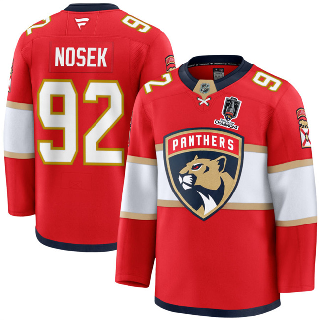 Men's Florida Panthers #92 Tomas Nosek Red Home 2025 Stanley Cup Champions Patch Stitched Hockey Jersey