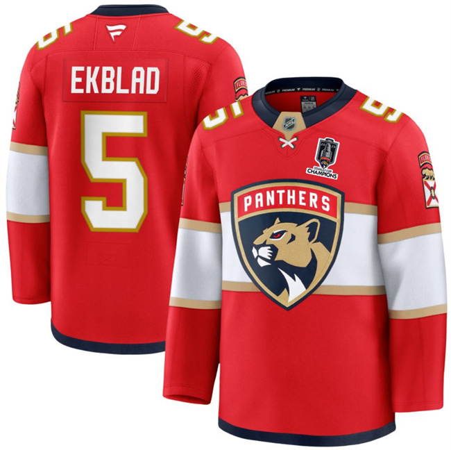 Men's Florida Panthers #5 Aaron Ekblad Red Home 2025 Stanley Cup Champions Patch Stitched Hockey Jersey
