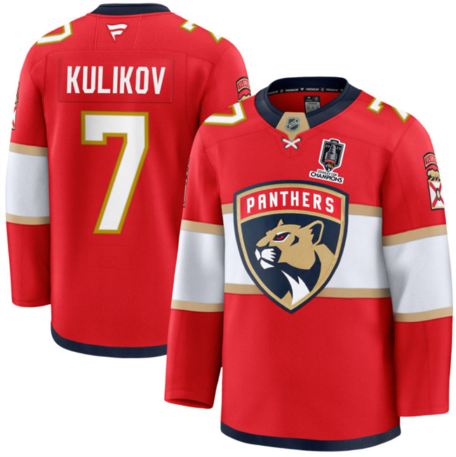Men's Florida Panthers #7 Dmitry Kulikov Red Home 2025 Stanley Cup Champions Patch Stitched Hockey Jersey