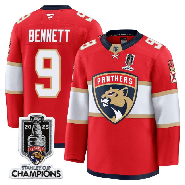 Men's Florida Panthers #9 Sam Bennett Red Home 2025 Stanley Cup Champions Patch Stitched Hockey Jersey