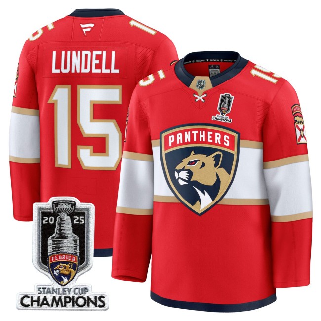Men's Florida Panthers #15 Anton Lundell Red Home 2025 Stanley Cup Champions Patch Stitched Hockey Jersey