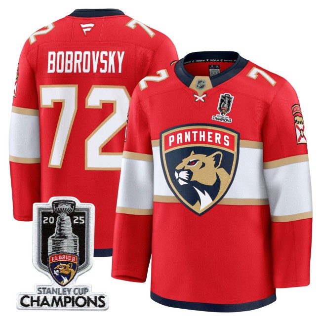 Men's Florida Panthers #72 Sergei Bobrovsky Red Home 2025 Stanley Cup Champions Patch Stitched Hockey Jersey