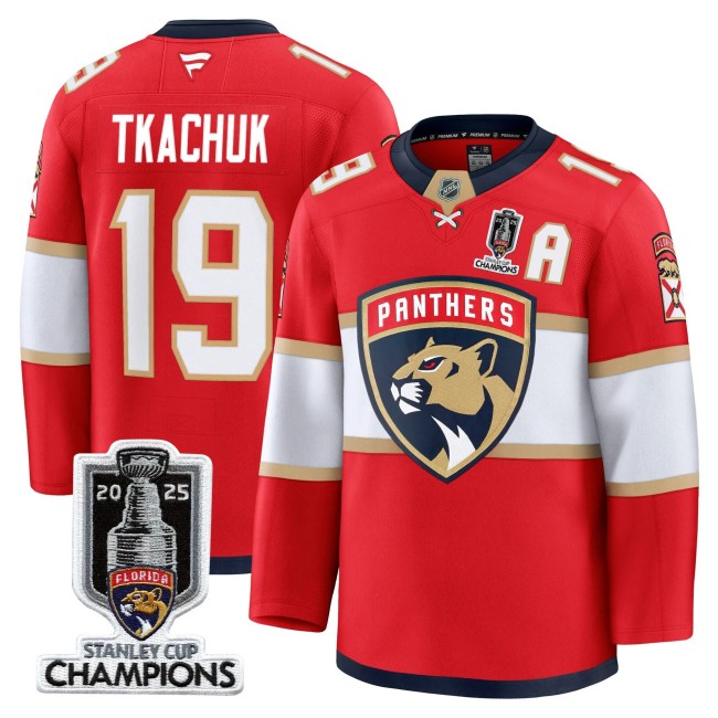 Men's Florida Panthers #19 Matthew Tkachuk Red Home 2025 Stanley Cup Champions Patch Stitched Hockey Jersey