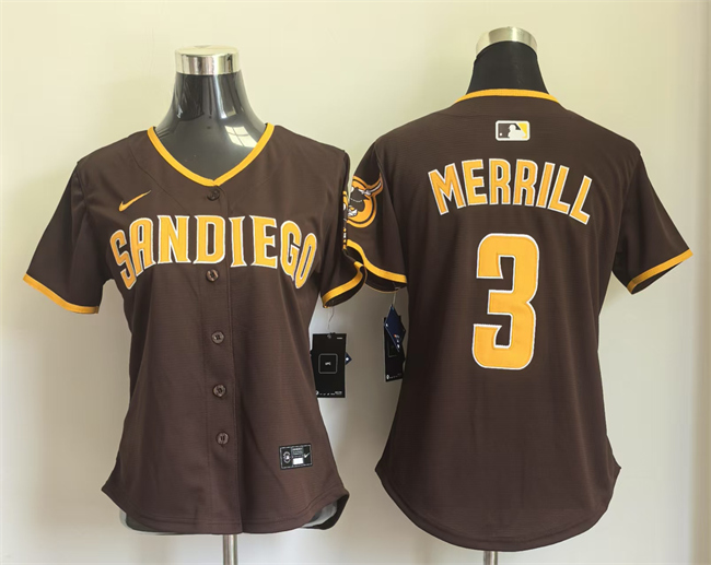 Women's San Diego Padres #3 Jackson Merrill Brown Away Stitched Baseball Jersey