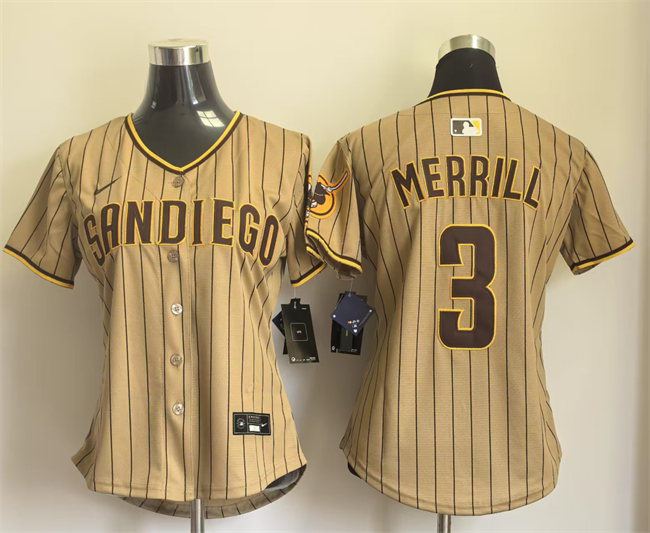 Women's San Diego Padres #3 Jackson Merrill Tan Alternate Stitched Baseball Jersey