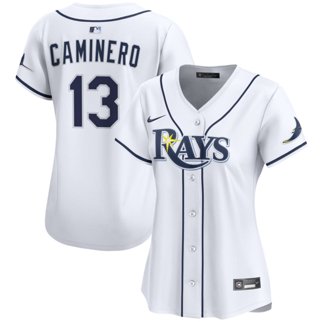Women's Tampa Bay Rays #13 Junior Caminero White Home Limited Stitched Baseball Jersey