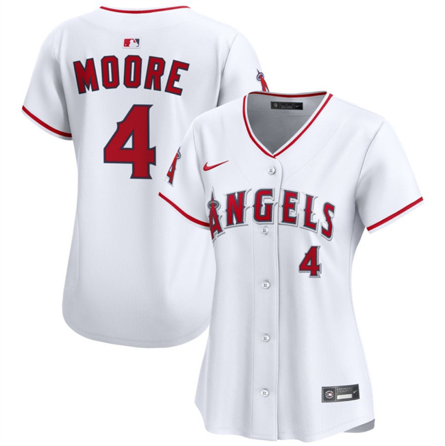 Women's Los Angeles Angels #4 Christian Moore White Home Stitched Baseball Jersey