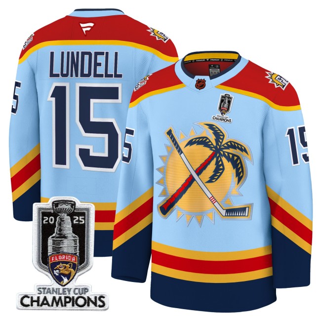 Men's Florida Panthers #15 Anton Lundell Blue 2025 Stanley Cup Champions Patch Stitched Hockey Jersey