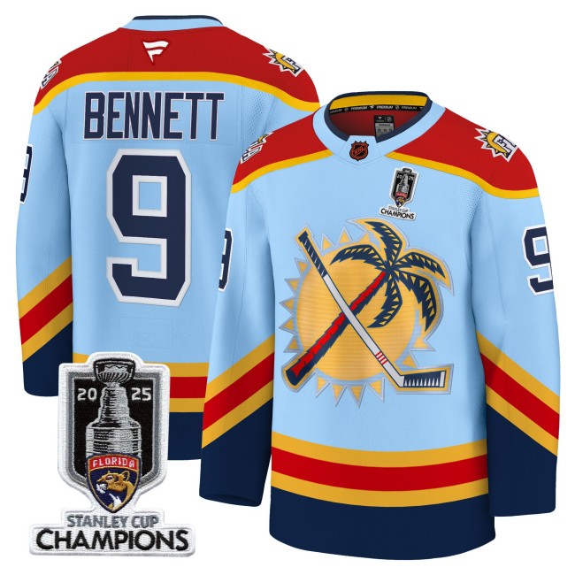 Men's Florida Panthers #9 Sam Bennett Blue 2025 Stanley Cup Champions Patch Stitched Hockey Jersey