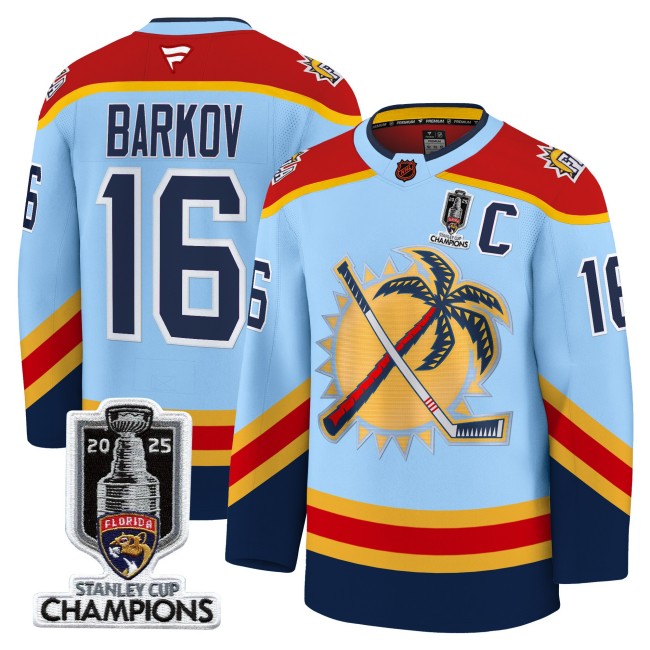 Men's Florida Panthers #16 Aleksander Blue 2025 Stanley Cup Champions & C Patch Stitched Hockey Jersey
