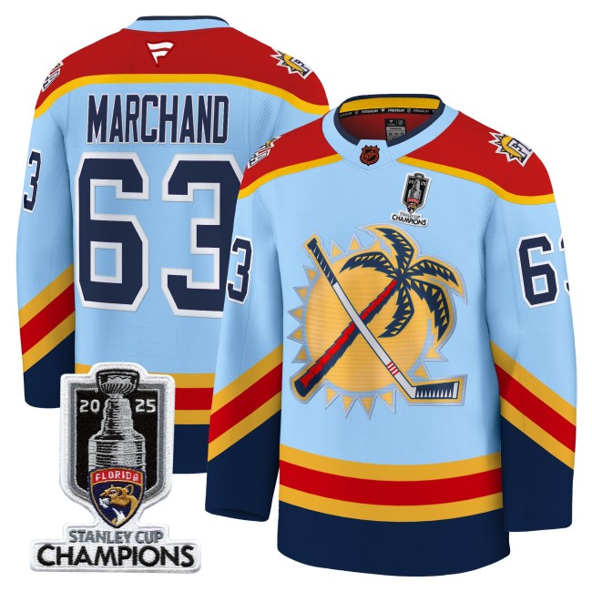 Men's Florida Panthers #63 Brad Marchand Blue 2025 Stanley Cup Champions Patch Stitched Hockey Jersey