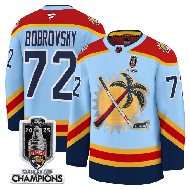Men's Florida Panthers #72 Sergei Bobrovsky Blue 2025 Stanley Cup Champions Patch Stitched Hockey Jersey