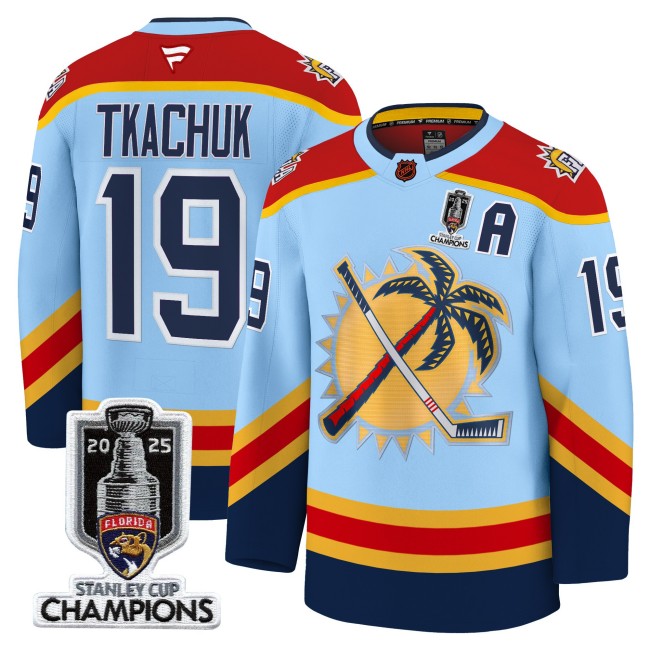 Men's Florida Panthers #19 Matthew Tkachuk Blue 2025 Stanley Cup Champions Patch Stitched Hockey Jersey