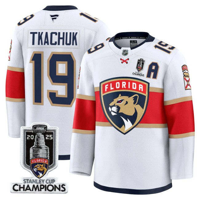 Men's Florida Panthers #19 Matthew Tkachuk White 2025 Stanley Cup Champions Patch Stitched Hockey Jersey