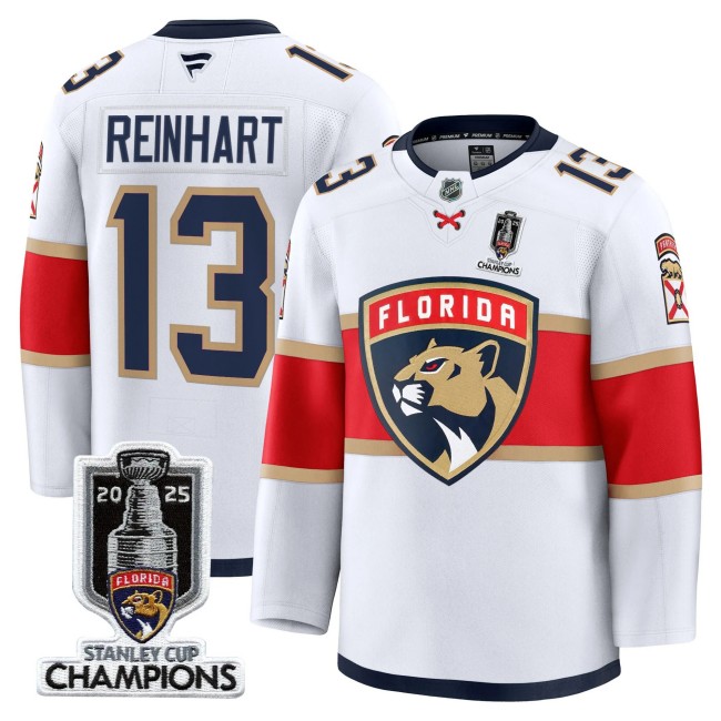 Men's Florida Panthers #13 Sam Reinhart White 2025 Stanley Cup Champions Patch Stitched Hockey Jersey
