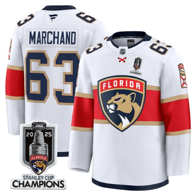 Men's Florida Panthers #63 Brad Marchand White 2025 Stanley Cup Champions Patch Stitched Hockey Jersey