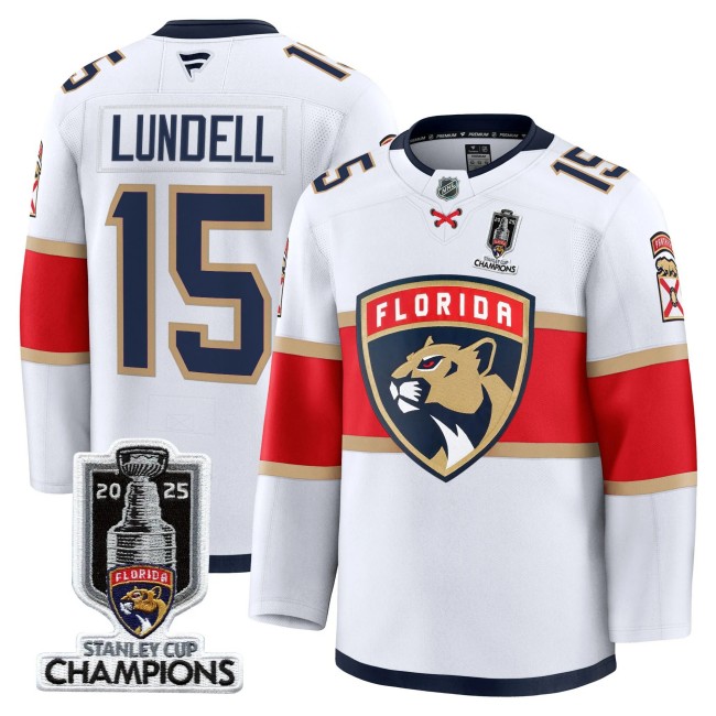 Men's Florida Panthers #15 Anton Lundell White 2025 Stanley Cup Champions Patch Stitched Hockey Jersey