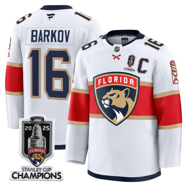 Men's Florida Panthers #16 Aleksander Barkov White 2025 Stanley Cup Champions & C Patch Stitched Hockey Jersey