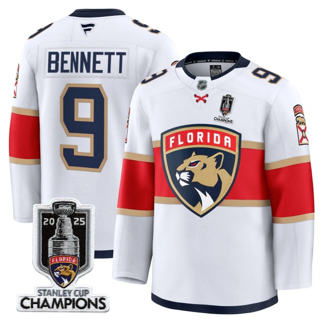 Men's Florida Panthers #9 Sam Bennett White 2025 Stanley Cup Champions Patch Stitched Hockey Jersey