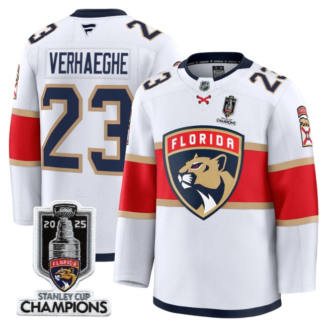 Men's Florida Panthers #23 Carter Verhaeghe White 2025 Stanley Cup Champions Patch Stitched Hockey Jersey