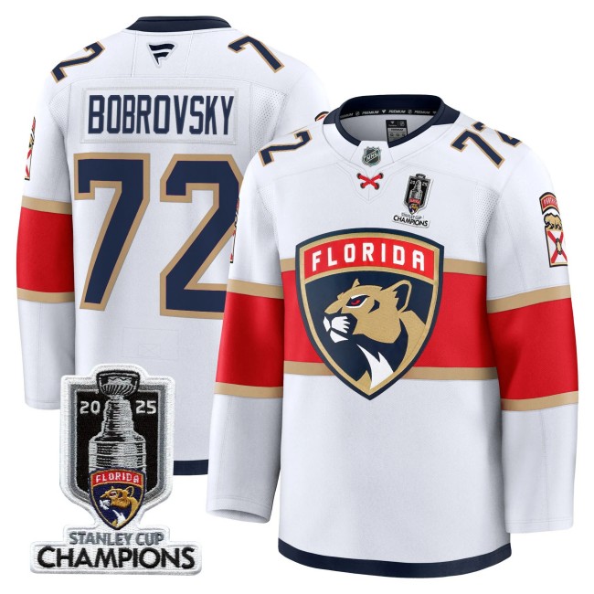 Men's Florida Panthers #72 Sergei Bobrovsky White 2025 Stanley Cup Champions Patch Stitched Hockey Jersey