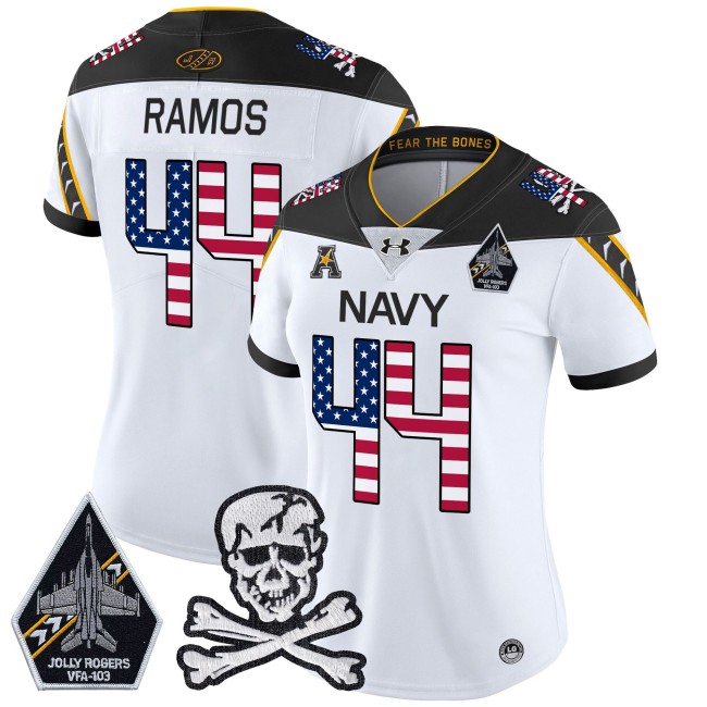 Wmns Navy Midshipmen #44 Colin Ramos White 2025 Independence Day Vapor Limited Football Jersey - All Stitched
