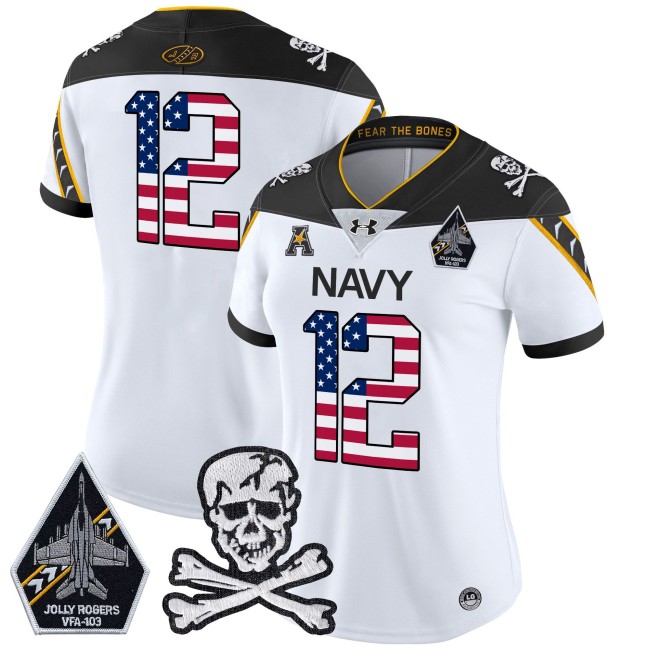 Wmns Navy Midshipmen 12th Man White 2025 Independence Day Vapor Limited Football Jersey - All Stitched