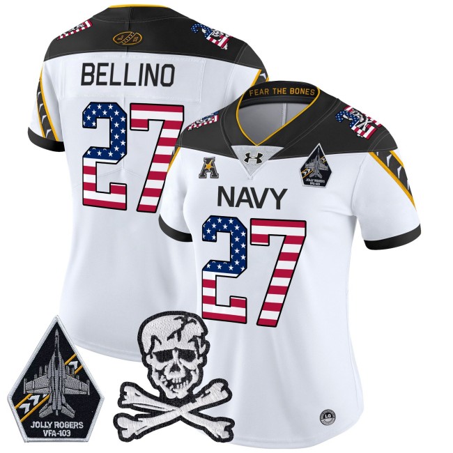 Wmns Navy Midshipmen #27 Joe Bellino White 2025 Independence Day Vapor Limited Football Jersey - All Stitched