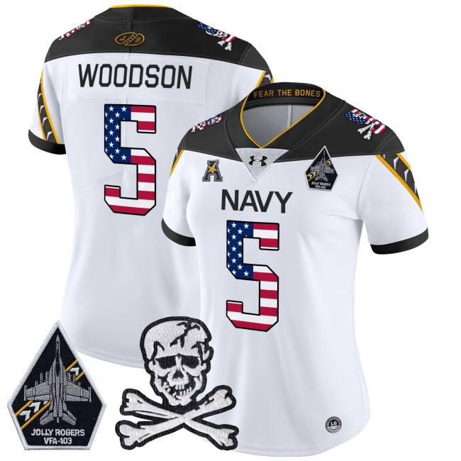 Wmns Navy Midshipmen #5 Braxton Woodson White 2025 Independence Day Vapor Limited Football Jersey - All Stitched