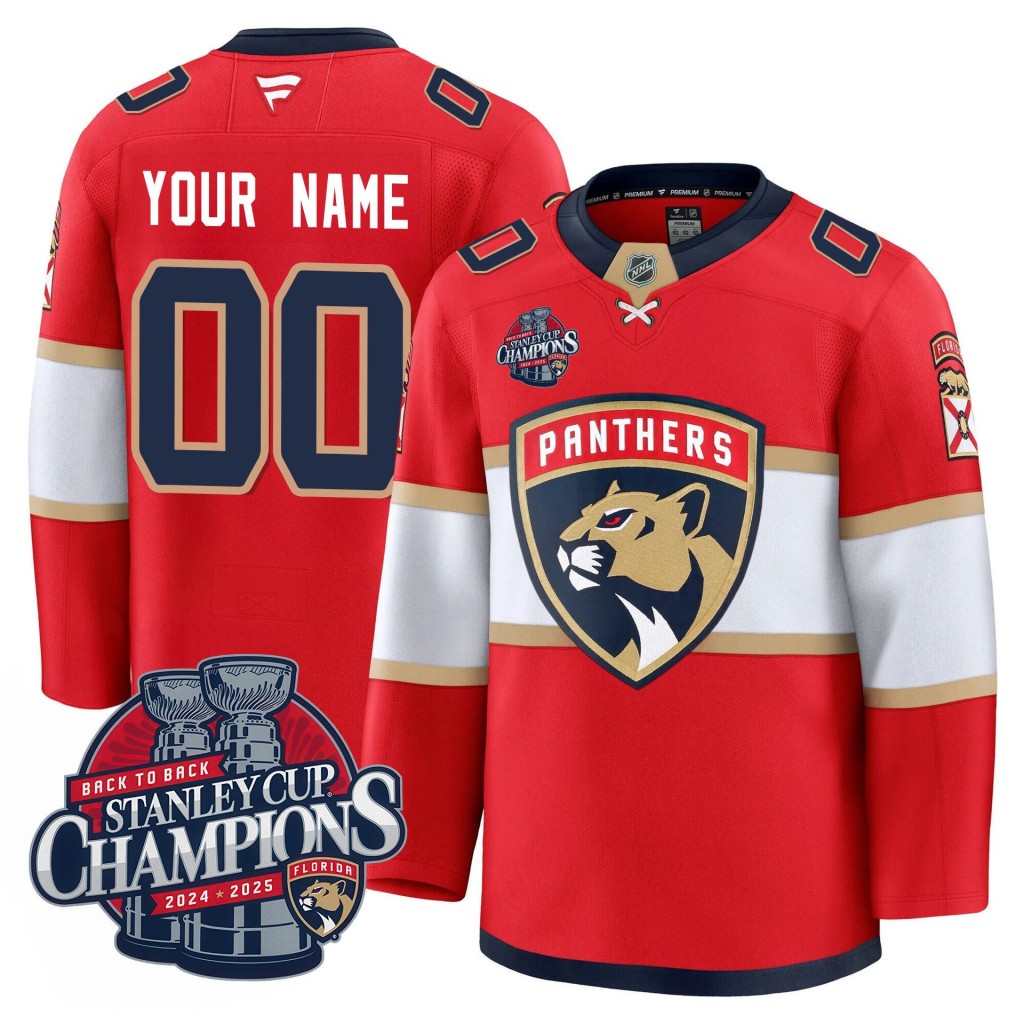 Florida Panthers Custom Home Red 2025 Stanley Cup B2B Champions Premium Patched Jersey N1 - All Stitched
