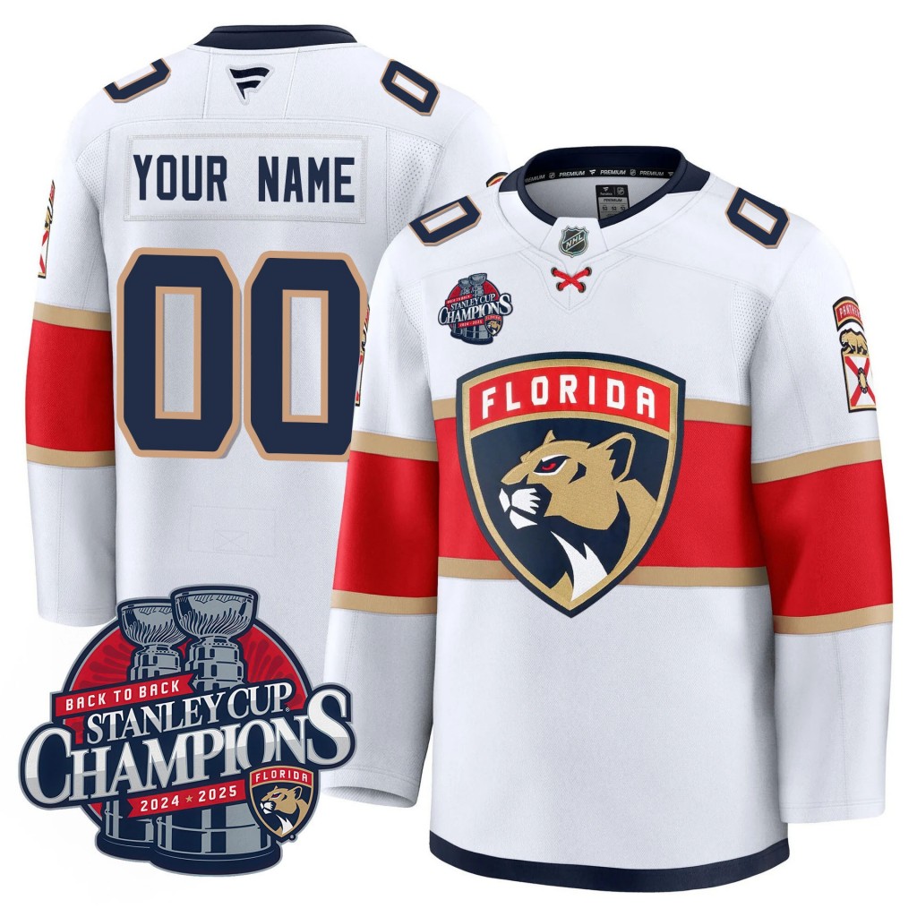 Florida Panthers Custom Away White 2025 Stanley Cup B2B Champions Premium Patched Jersey N1 - All Stitched