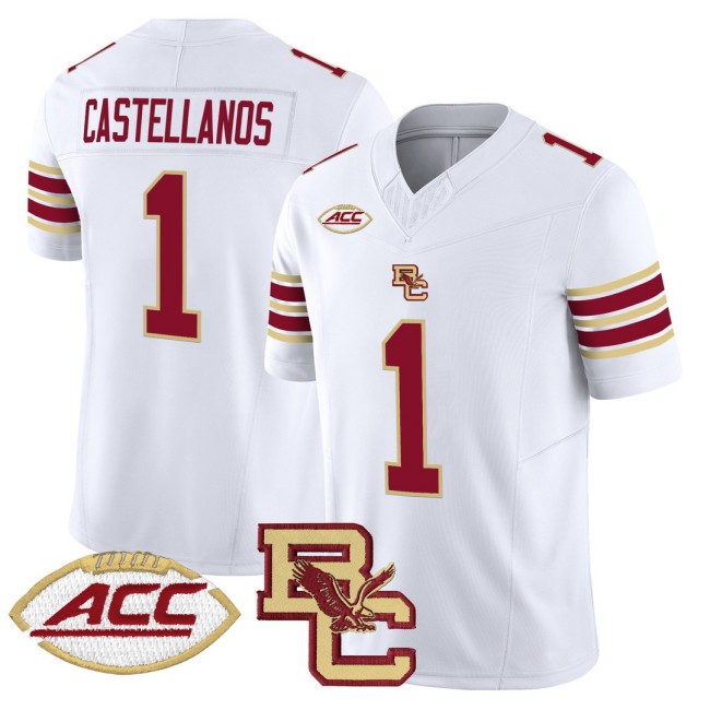 Men's Boston College Eagles #1 Thomas Castellanos White 2025 FUSE Vapor Limited Football Jersey - All Stitched