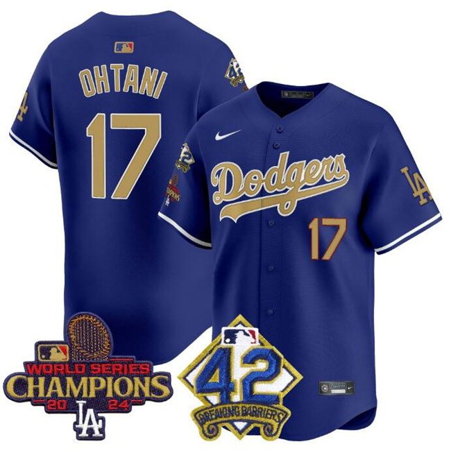 Los Angeles Dodgers Custom Royal Gold 2024 World Series Champions & #42 Jackie Robinson Patch Vapor Limited Stitched Baseball Jersey