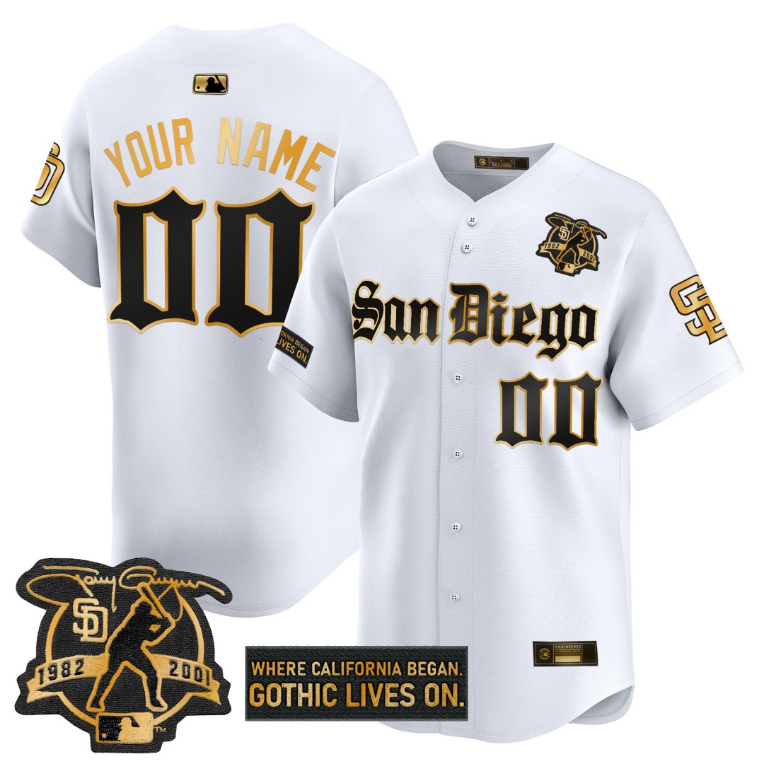 San Diego Padres 'Gothic Edition' Gold Vapor Premier Limited Custom Jersey White 2001 Tony Gwynn Patch - All Stitched