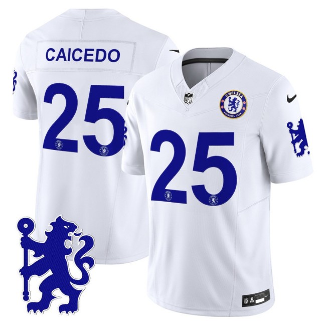 Chelsea #25 Moises Caicedo 2025 NFL Nike Vapor Limited Football Jersey White - All stitched