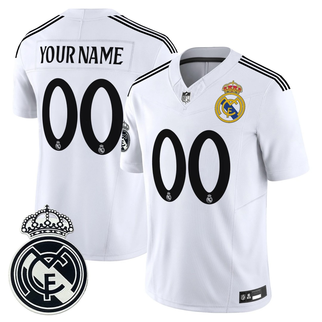 Real Madrid 2025 Soccer x NFL Football Vapor Limited Custom Jersey White - All stitched