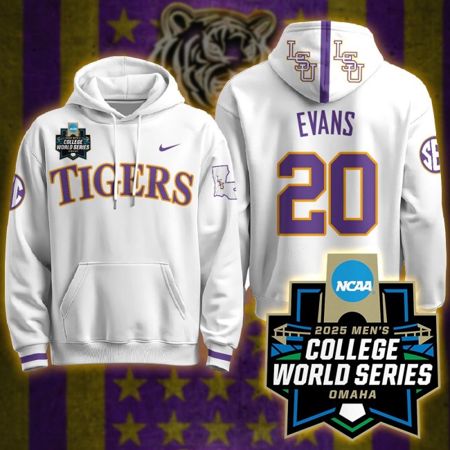 Nike LSU Tigers #20 Casan Evans 2025 Men's College World Series Limited Hoodie White - All Stitched