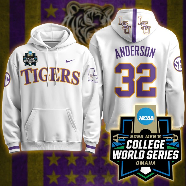 Nike LSU Tigers #32 Kade Anderson 2025 Men's College World Series Limited Hoodie White - All Stitched