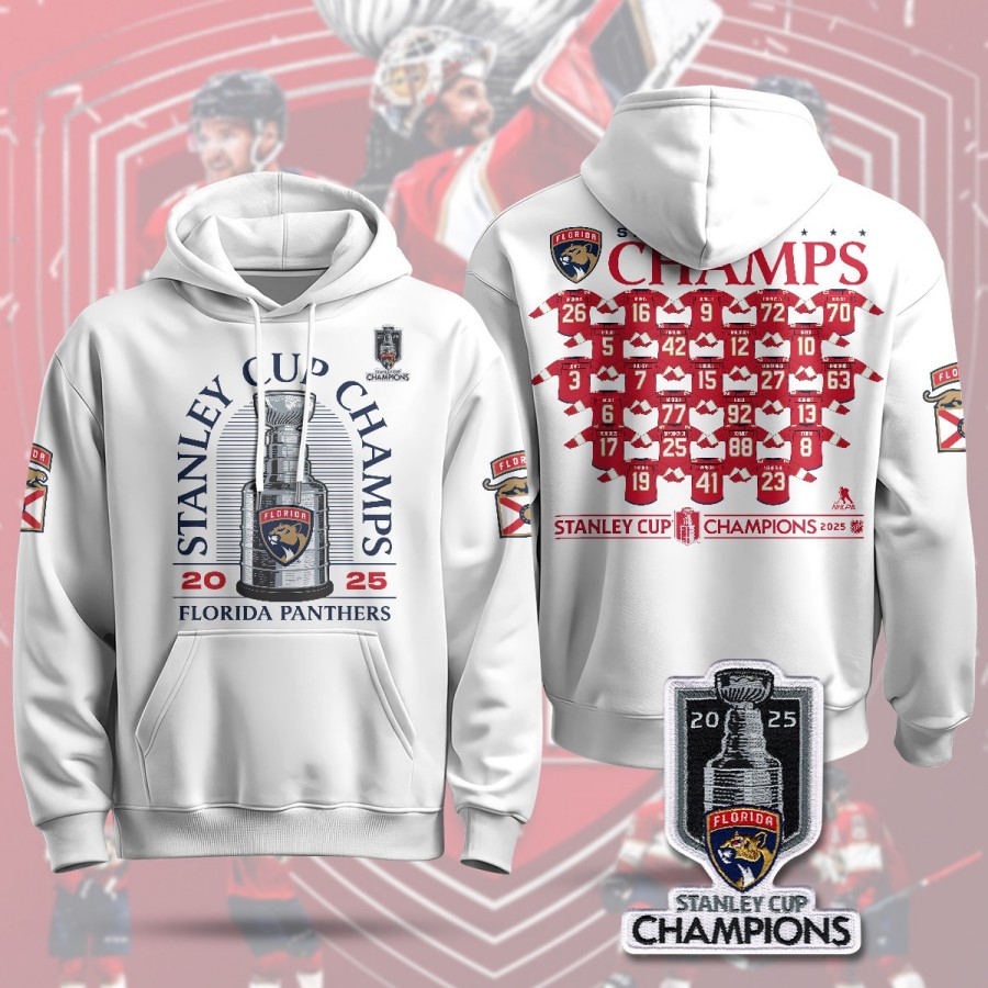 Florida Panthers 2025 Stanley Cup Champions Hoodie White W2 - Printed