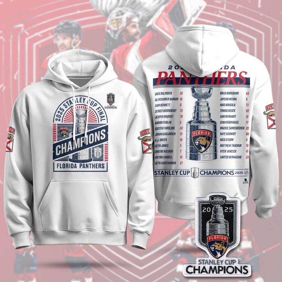 Florida Panthers 2025 Stanley Cup Champions Hoodie White W4 - Printed