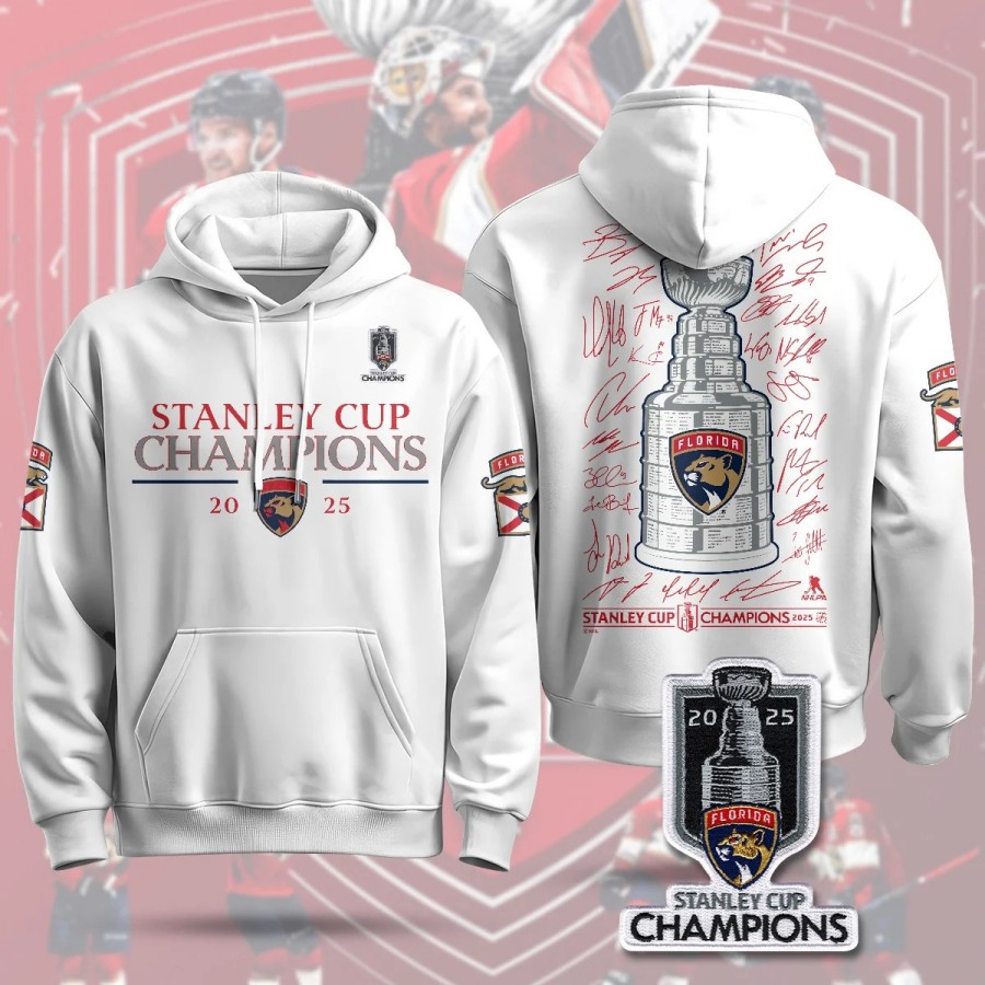 Florida Panthers 2025 Stanley Cup Champions Hoodie White W1 - Printed