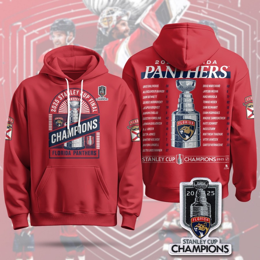 Florida Panthers 2025 Stanley Cup Champions Hoodie Red R4 - Printed