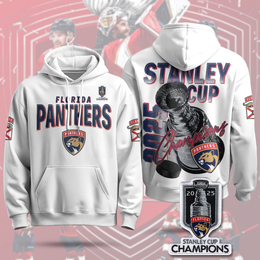 Florida Panthers 2025 Stanley Cup Champions Hoodie White W3 - Printed
