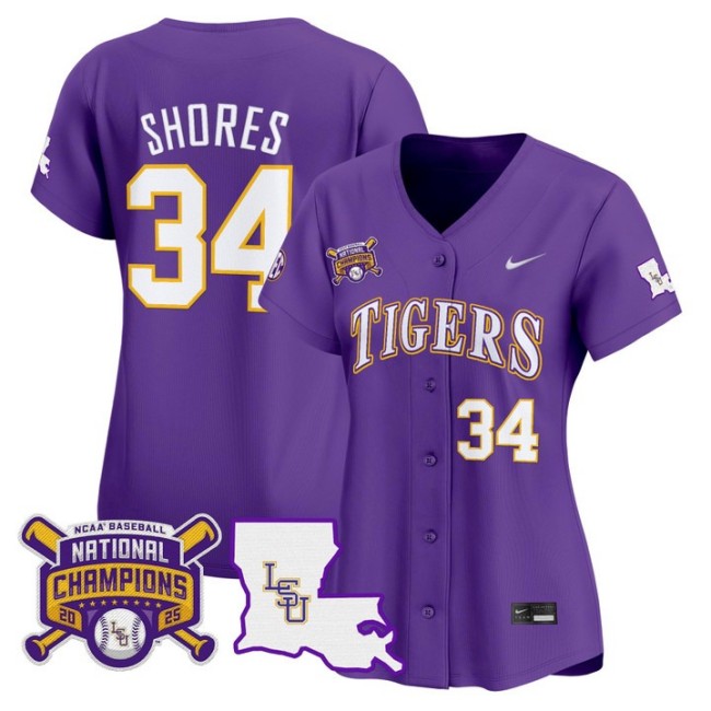 Women's LSU Tigers #34 Chase Shores 2025 College World Series Champions Nike Limited Baseball Stitched Jersey