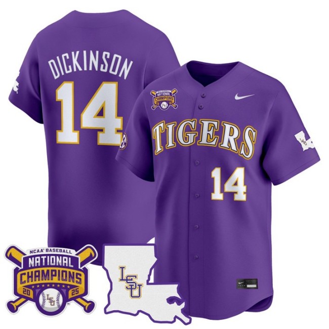 Men's LSU Tigers #14 Daniel Dickinson 2025 College World Series Champions Nike Limited Baseball Stitched Jersey