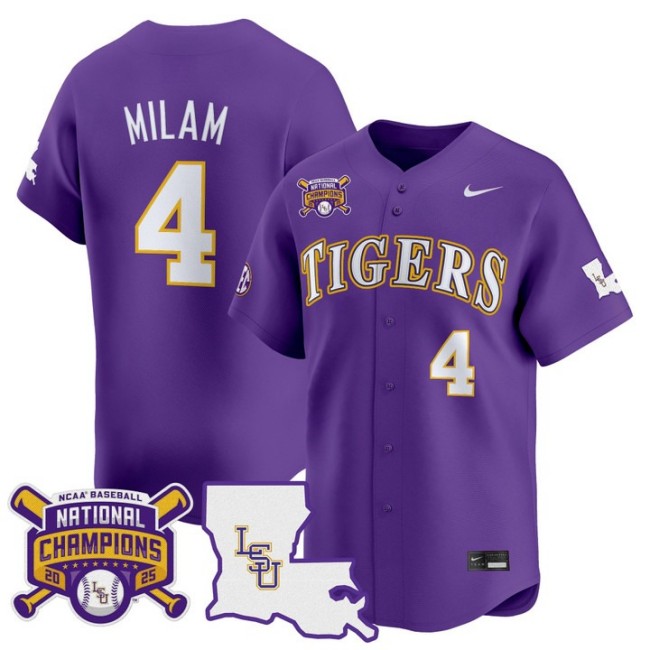 Men's LSU Tigers #4 Steven Milam 2025 College World Series Champions Nike Limited Baseball Stitched Jersey