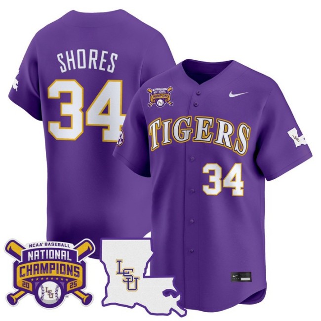 Men's LSU Tigers #34 Chase Shores 2025 College World Series Champions Nike Limited Baseball Stitched Jersey